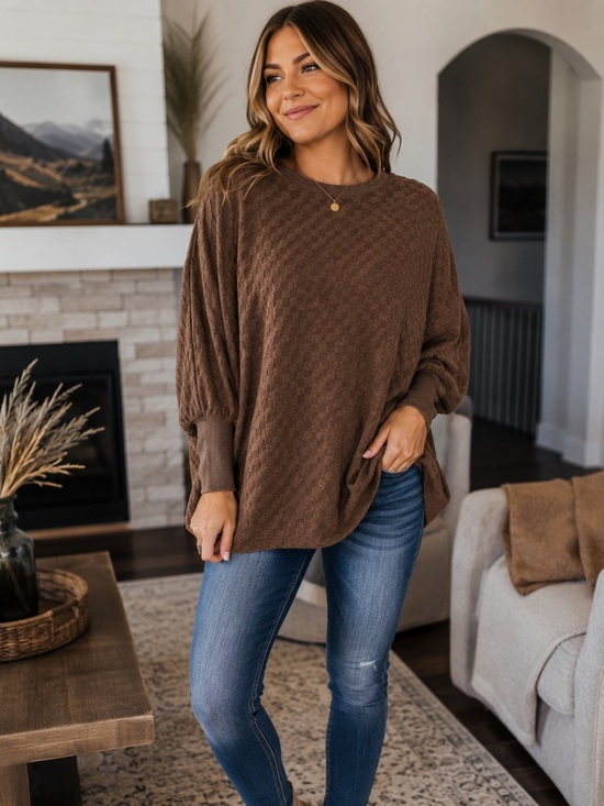 Like Love Tops - Like Love Textured Oversized Dolman Sweater | Size Large | Mocha Brown
